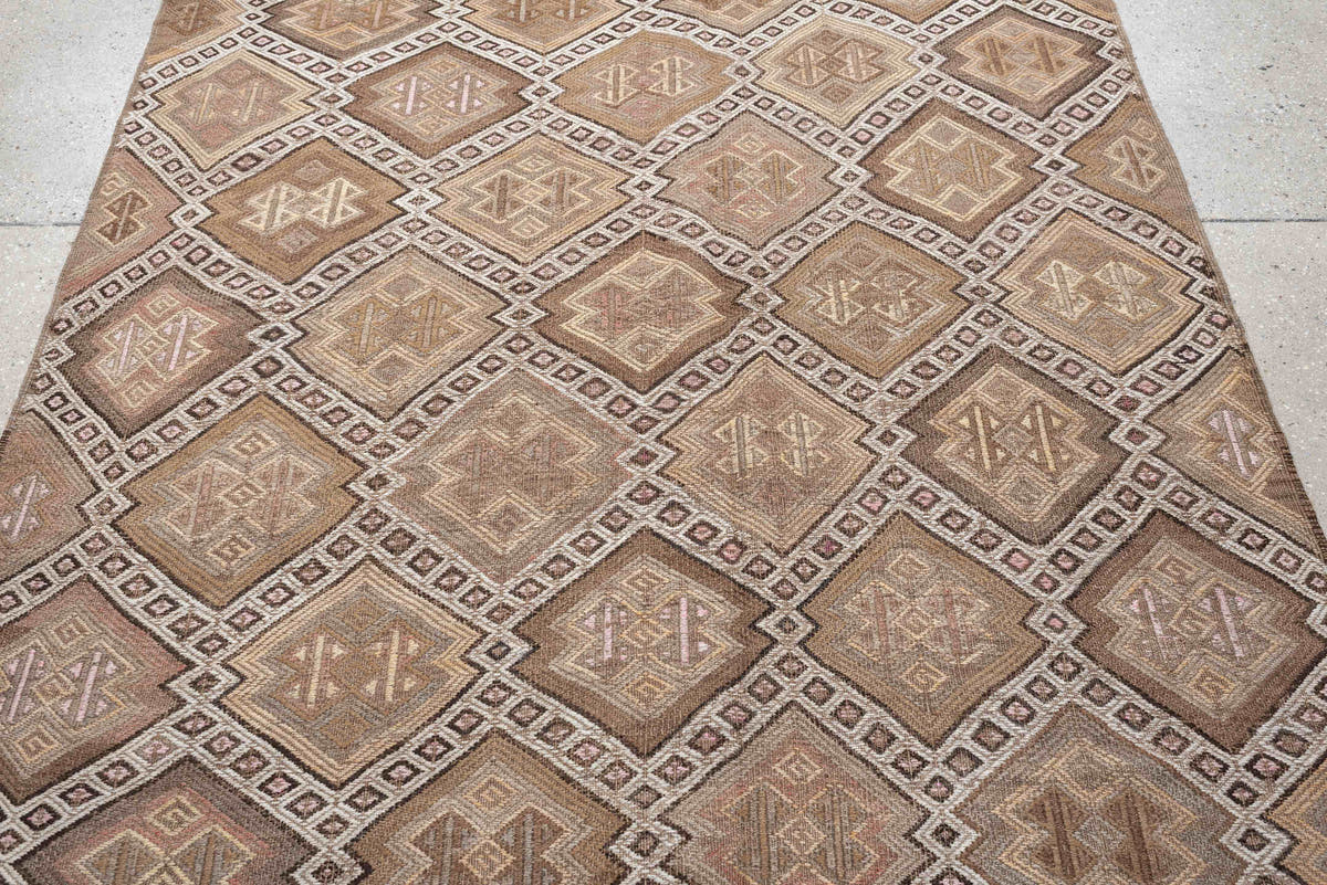 4' x 16' one-of-a-kind handmade antique Jijim runner rug. Color palette: ivory, taupe, camel, dusty rose, brown, charcoal