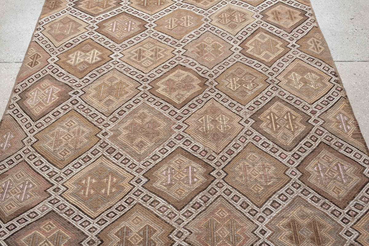 4' x 16' one-of-a-kind handmade antique Jijim runner rug. Color palette: ivory, taupe, camel, dusty rose, brown, charcoal