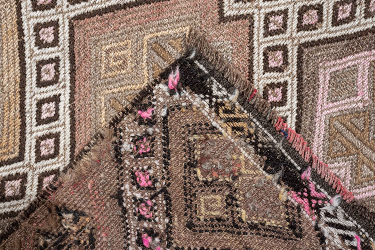 4' x 16' one-of-a-kind handmade antique Jijim runner rug. Color palette: ivory, taupe, camel, dusty rose, brown, charcoal
