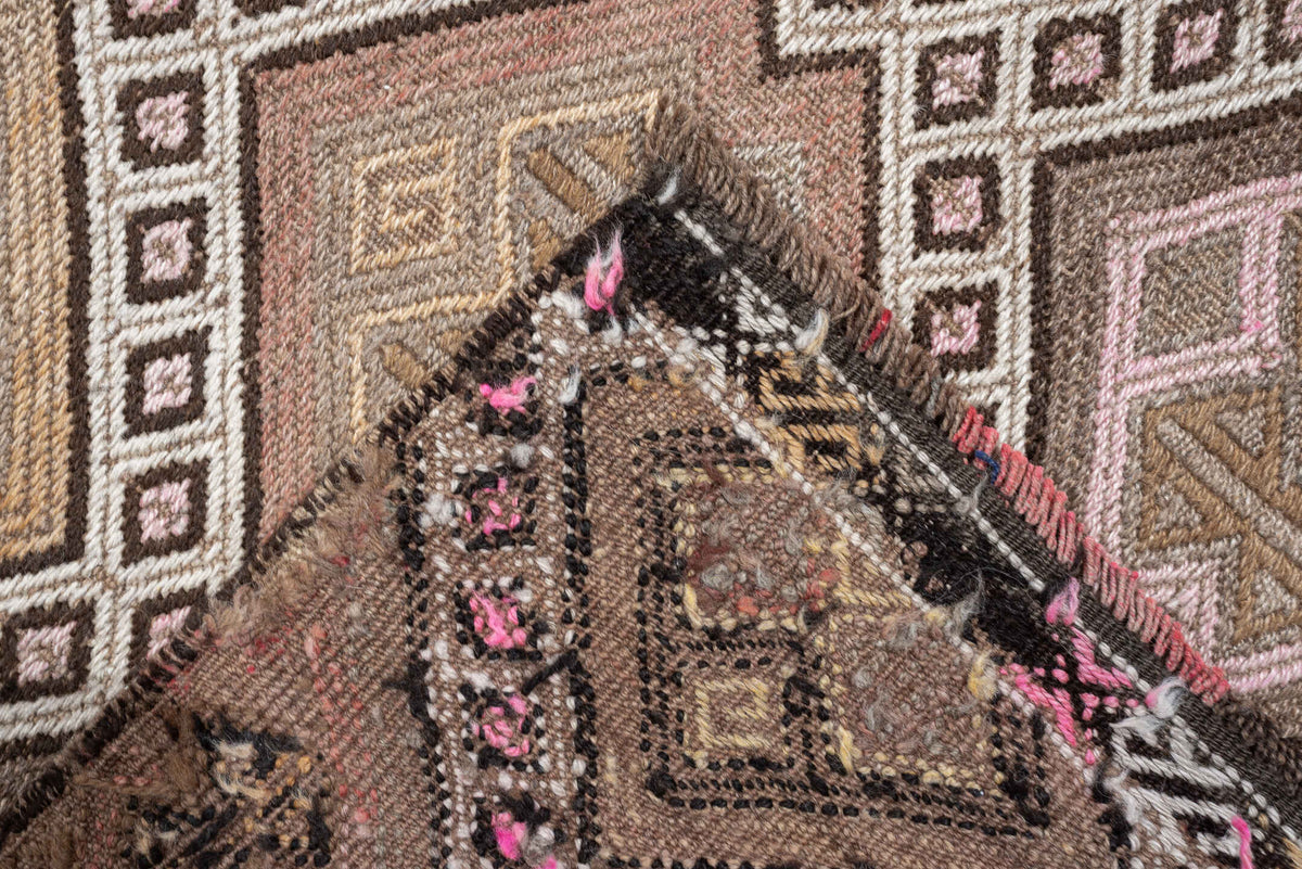 4' x 16' one-of-a-kind handmade antique Jijim runner rug. Color palette: ivory, taupe, camel, dusty rose, brown, charcoal