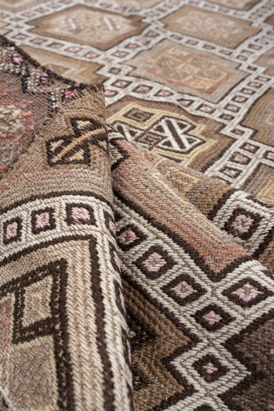 4' x 16' one-of-a-kind handmade antique Jijim runner rug. Color palette: ivory, taupe, camel, dusty rose, brown, charcoal