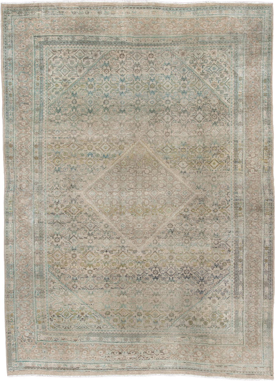 9' x 13' one-of-a-kind handmade antique Mahal large size rug. Color palette: ivory, taupe, pale turquoise, sage, muted gold