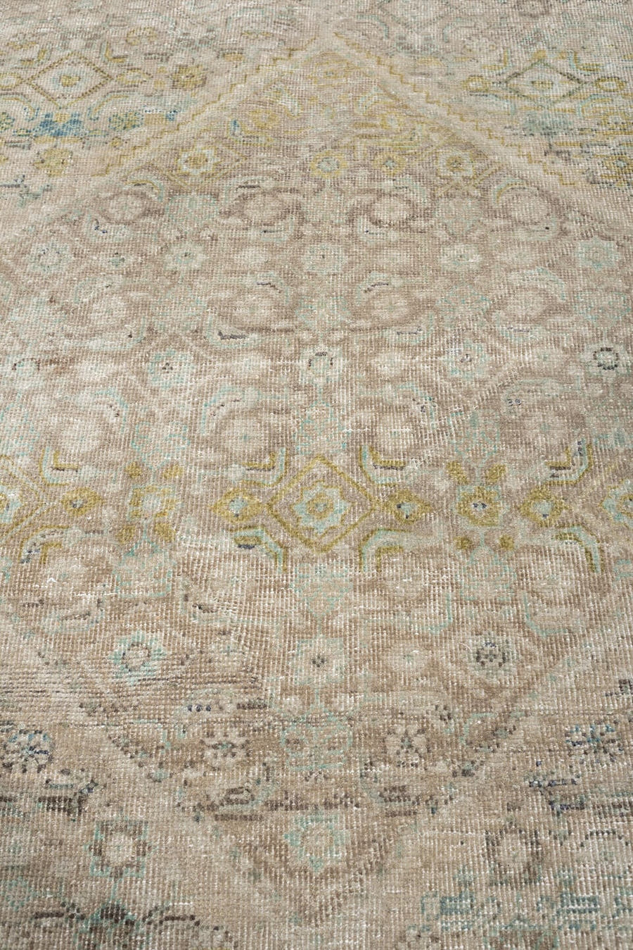 9' x 13' one-of-a-kind handmade antique Mahal large size rug. Color palette: ivory, taupe, pale turquoise, sage, muted gold
