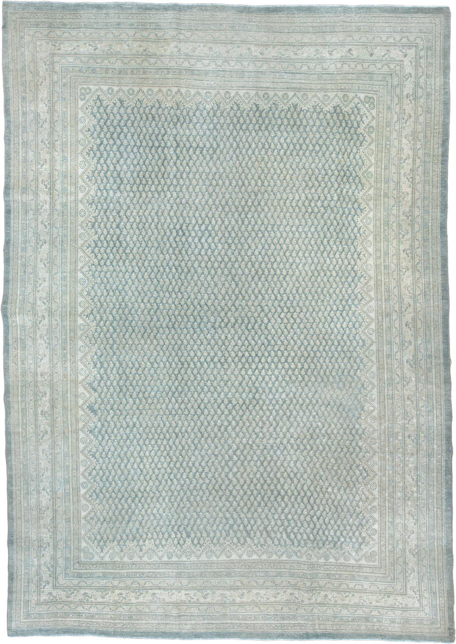 8' x 12' one-of-a-kind handmade antique Mir large size rug. Color palette: blue gray, ivory, pale sage, taupe, charcoal