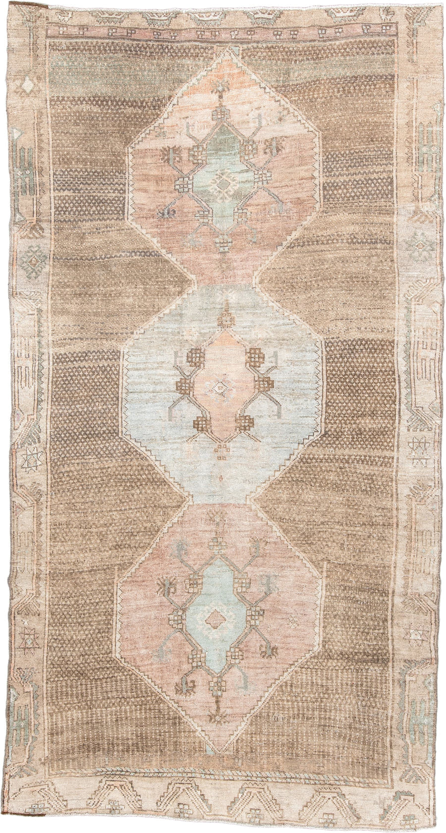 5' x 10' one-of-a-kind handmade antique Kars large size rug. Color palette: taupe, ivory, blush, sage, camel, charcoal, rose