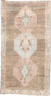 5' x 10' one-of-a-kind handmade antique Kars large size rug. Color palette: taupe, ivory, blush, sage, camel, charcoal, rose