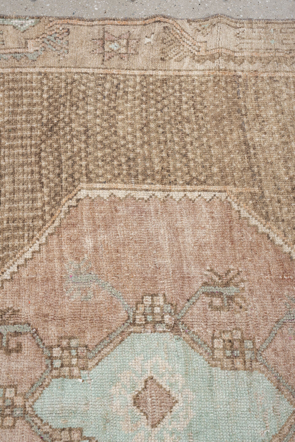 5' x 10' one-of-a-kind handmade antique Kars large size rug. Color palette: taupe, ivory, blush, sage, camel, charcoal, rose