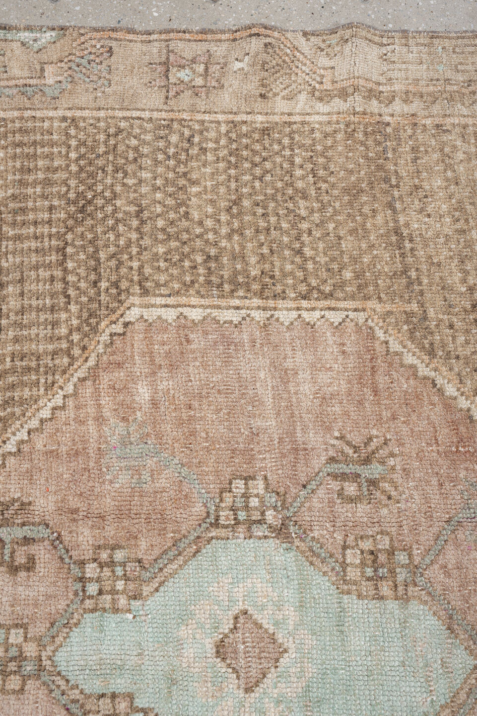 5' x 10' one-of-a-kind handmade antique Kars large size rug. Color palette: taupe, ivory, blush, sage, camel, charcoal, rose