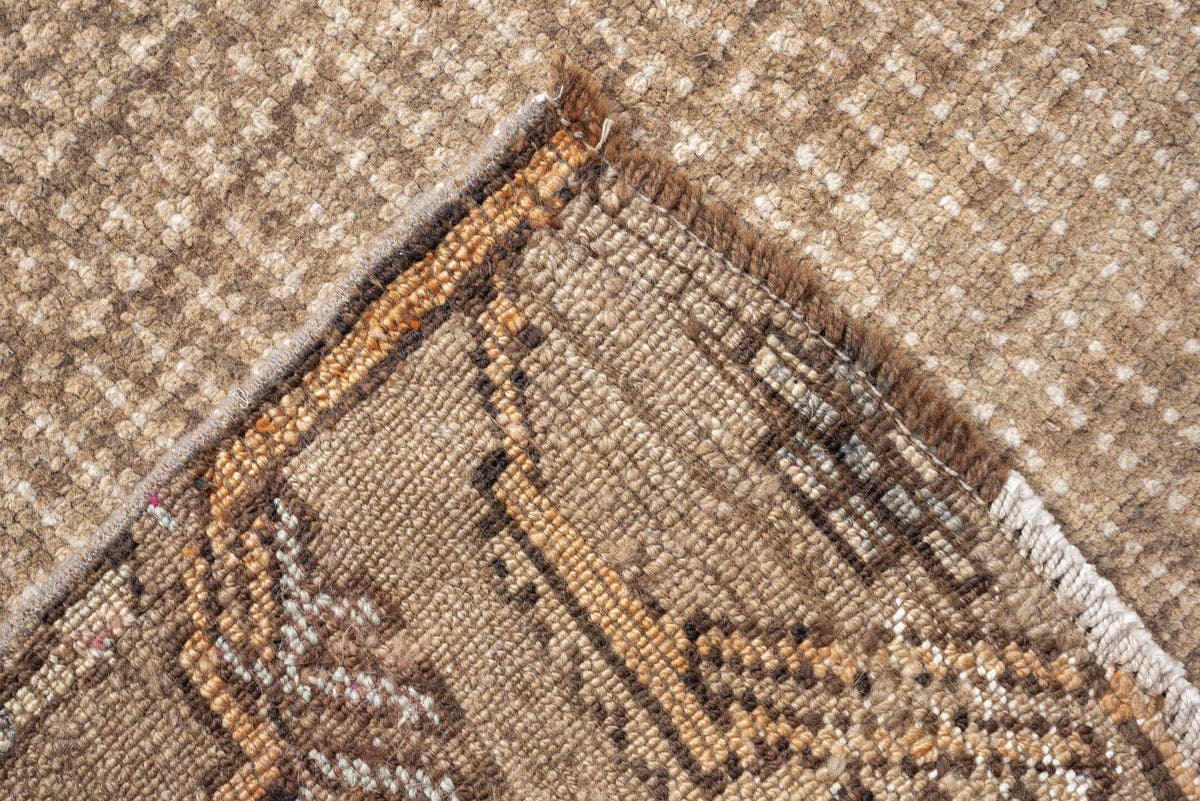 5' x 10' one-of-a-kind handmade antique Kars large size rug. Color palette: taupe, ivory, blush, sage, camel, charcoal, rose