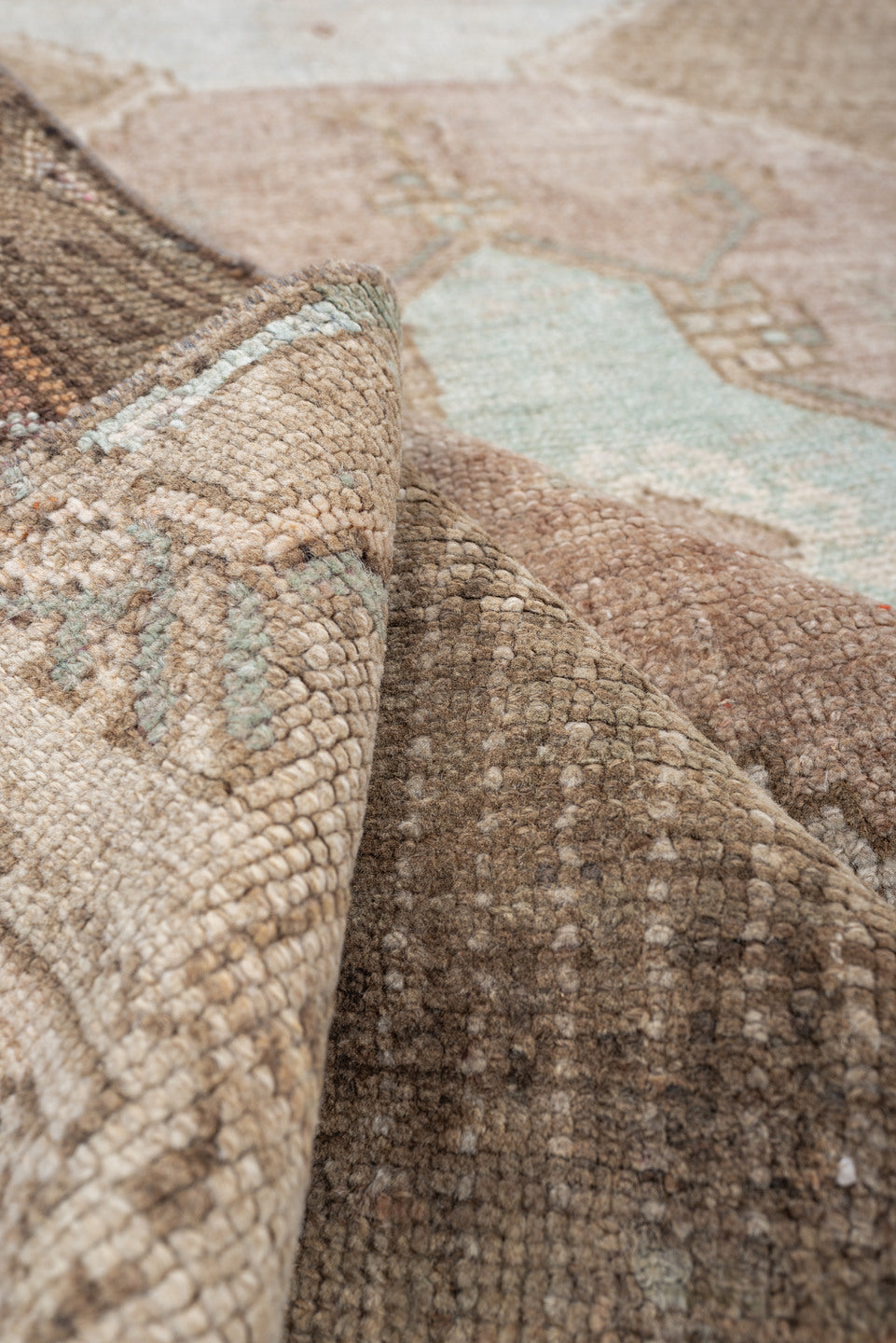 5' x 10' one-of-a-kind handmade antique Kars large size rug. Color palette: taupe, ivory, blush, sage, camel, charcoal, rose