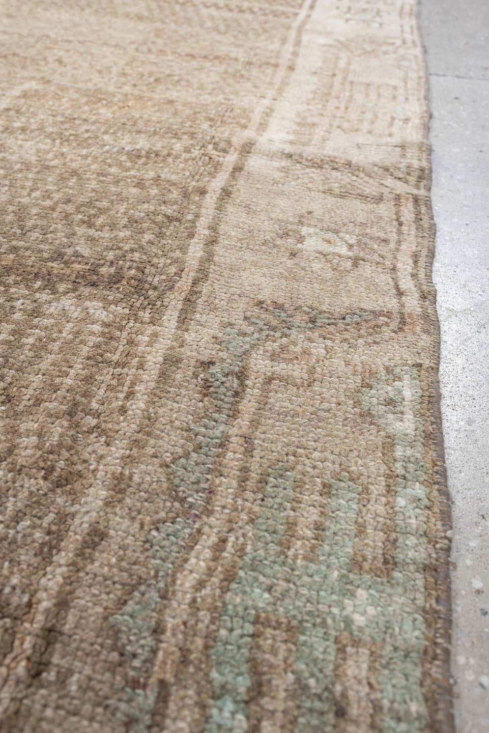 5' x 10' one-of-a-kind handmade antique Kars large size rug. Color palette: taupe, ivory, blush, sage, camel, charcoal, rose