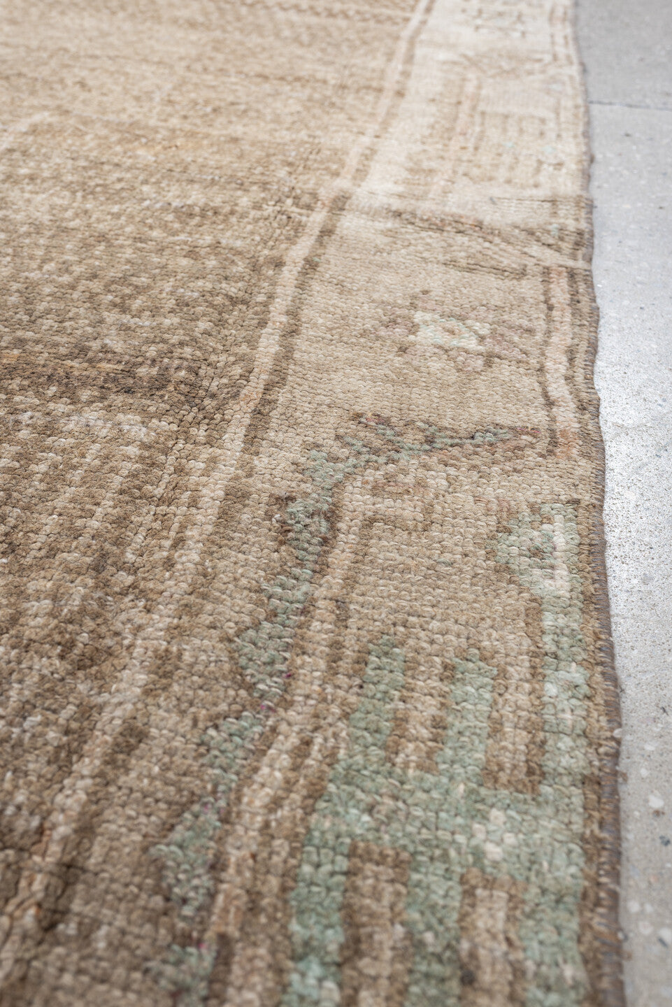 5' x 10' one-of-a-kind handmade antique Kars large size rug. Color palette: taupe, ivory, blush, sage, camel, charcoal, rose