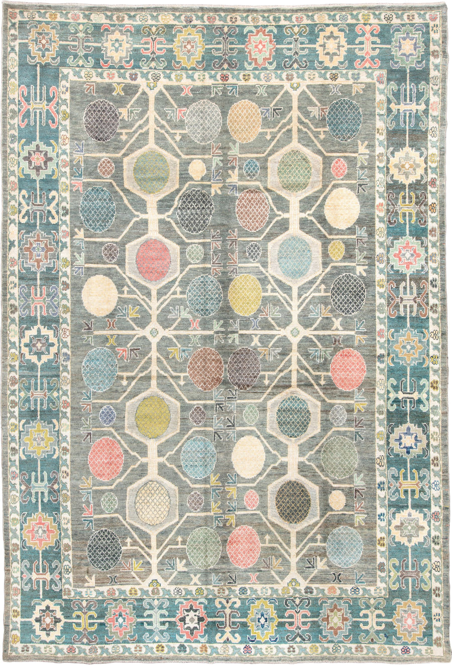 10' x 14' one-of-a-kind handmade vintage Oushak rug. Color palette: blue gray, teal, ivory, sage, coral, ochre, charcoal