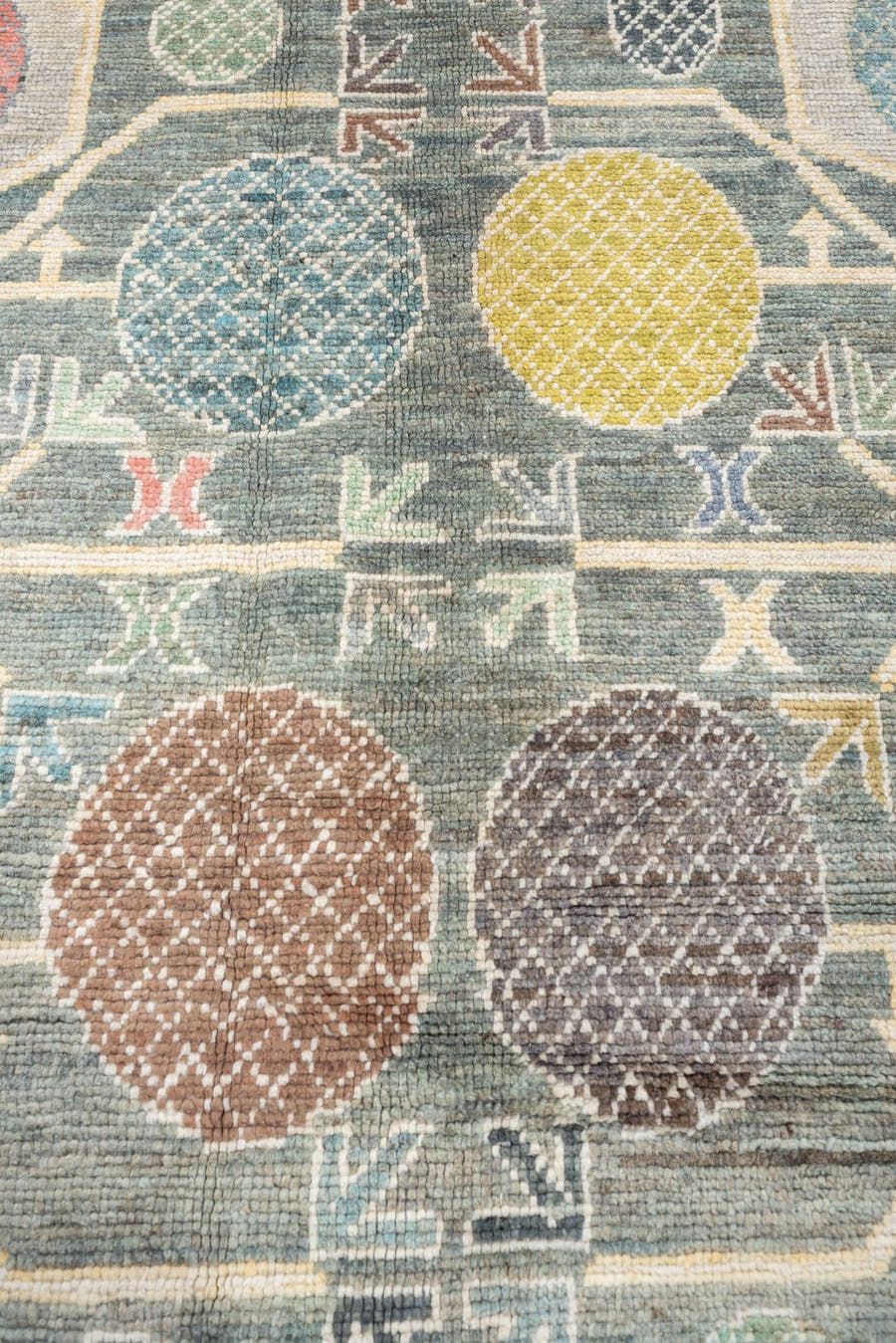 10' x 14' one-of-a-kind handmade vintage Oushak rug. Color palette: blue gray, teal, ivory, sage, coral, ochre, charcoal