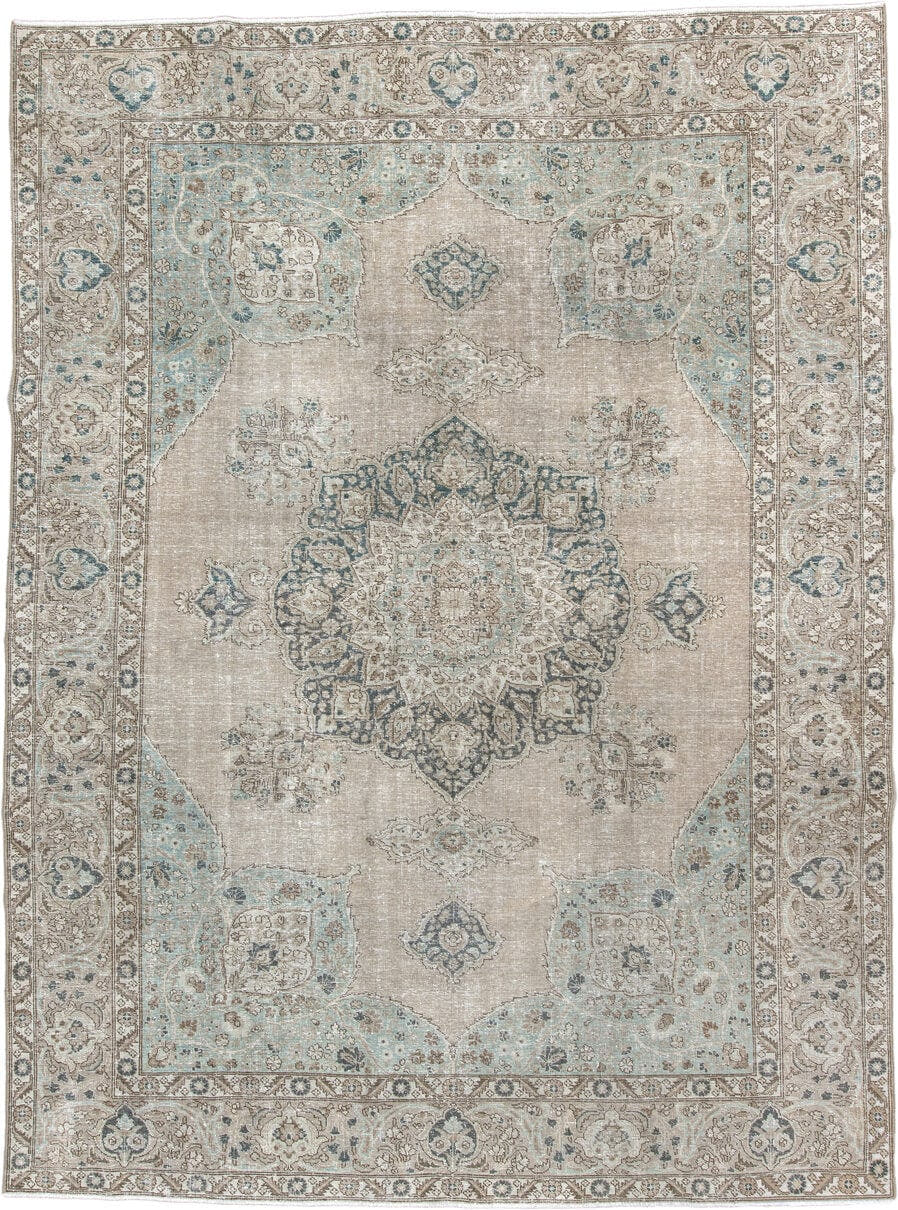 9' x 10' one-of-a-kind handmade antique Tabriz large size rug. Color palette: ivory, taupe, powder blue, slate, beige