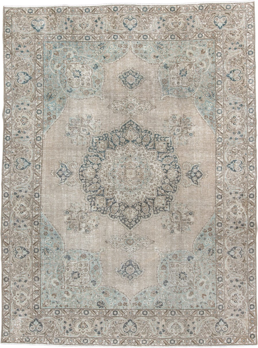 9' x 10' one-of-a-kind handmade antique Tabriz large size rug. Color palette: ivory, taupe, powder blue, slate, beige