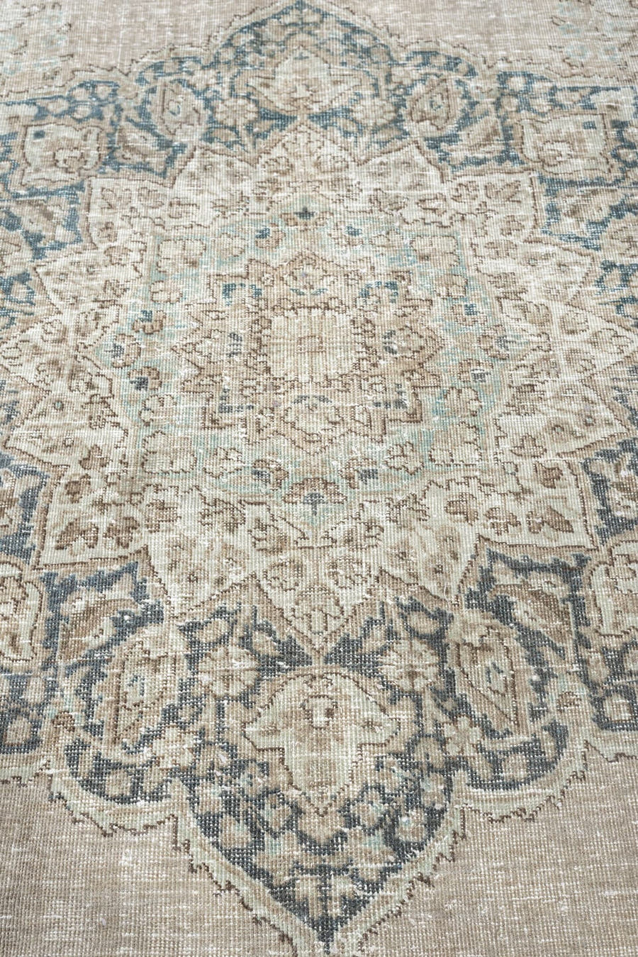 9' x 10' one-of-a-kind handmade antique Tabriz large size rug. Color palette: ivory, taupe, powder blue, slate, beige