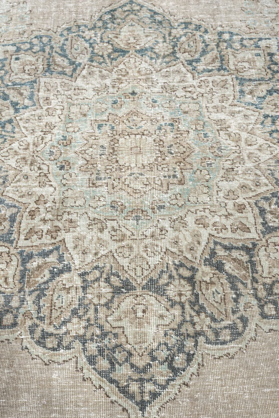 9' x 10' one-of-a-kind handmade antique Tabriz large size rug. Color palette: ivory, taupe, powder blue, slate, beige