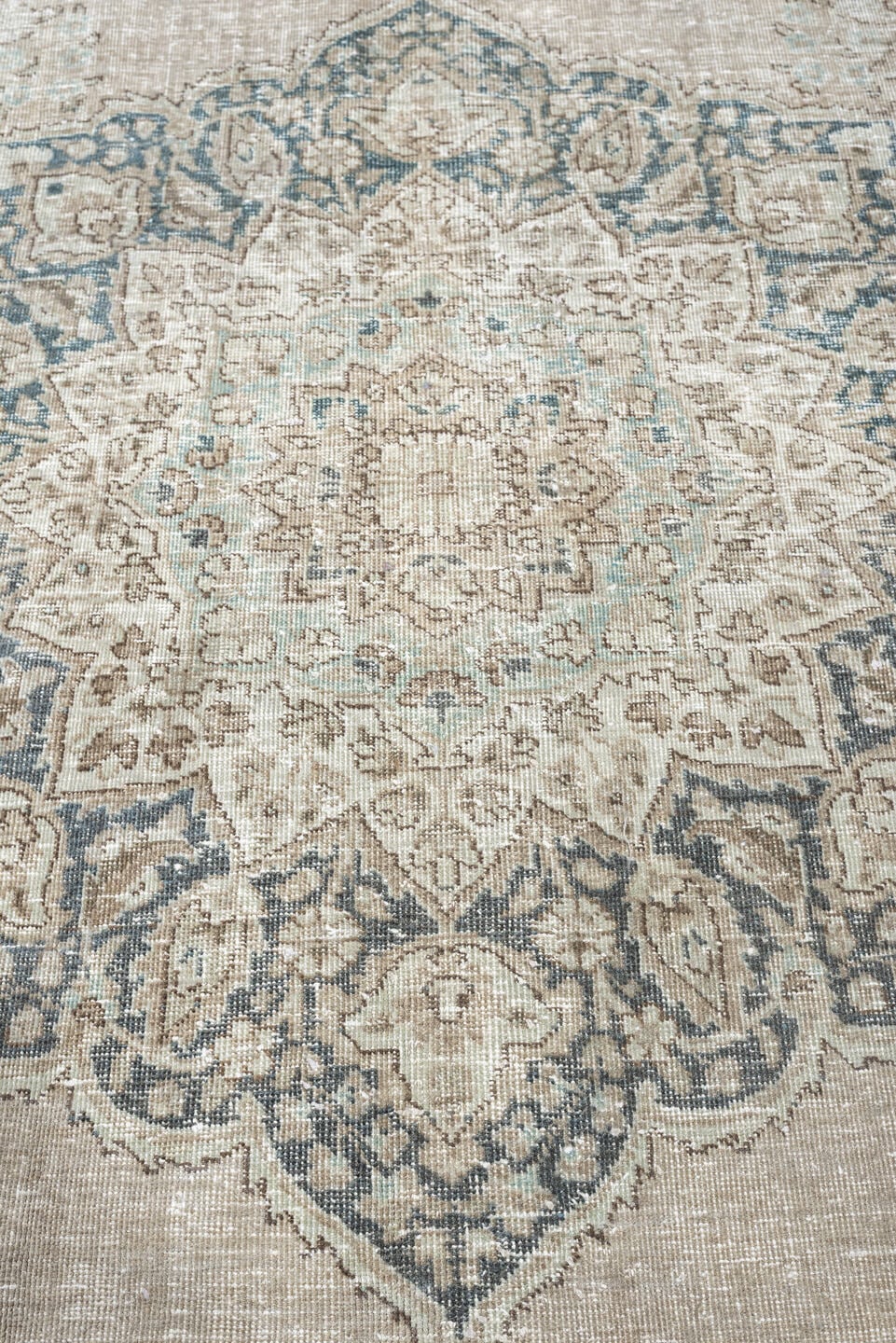 9' x 10' one-of-a-kind handmade antique Tabriz large size rug. Color palette: ivory, taupe, powder blue, slate, beige