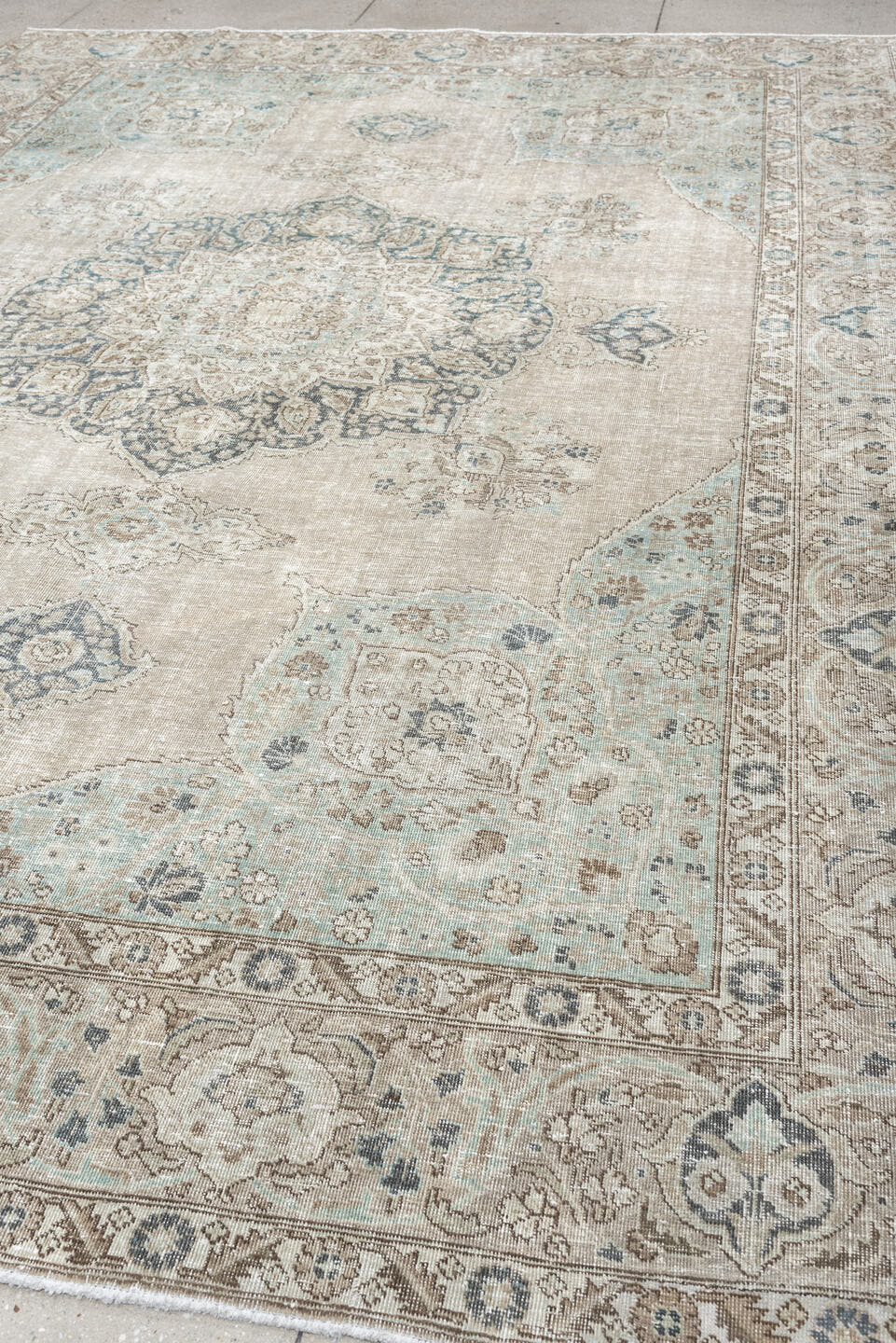 9' x 10' one-of-a-kind handmade antique Tabriz large size rug. Color palette: ivory, taupe, powder blue, slate, beige