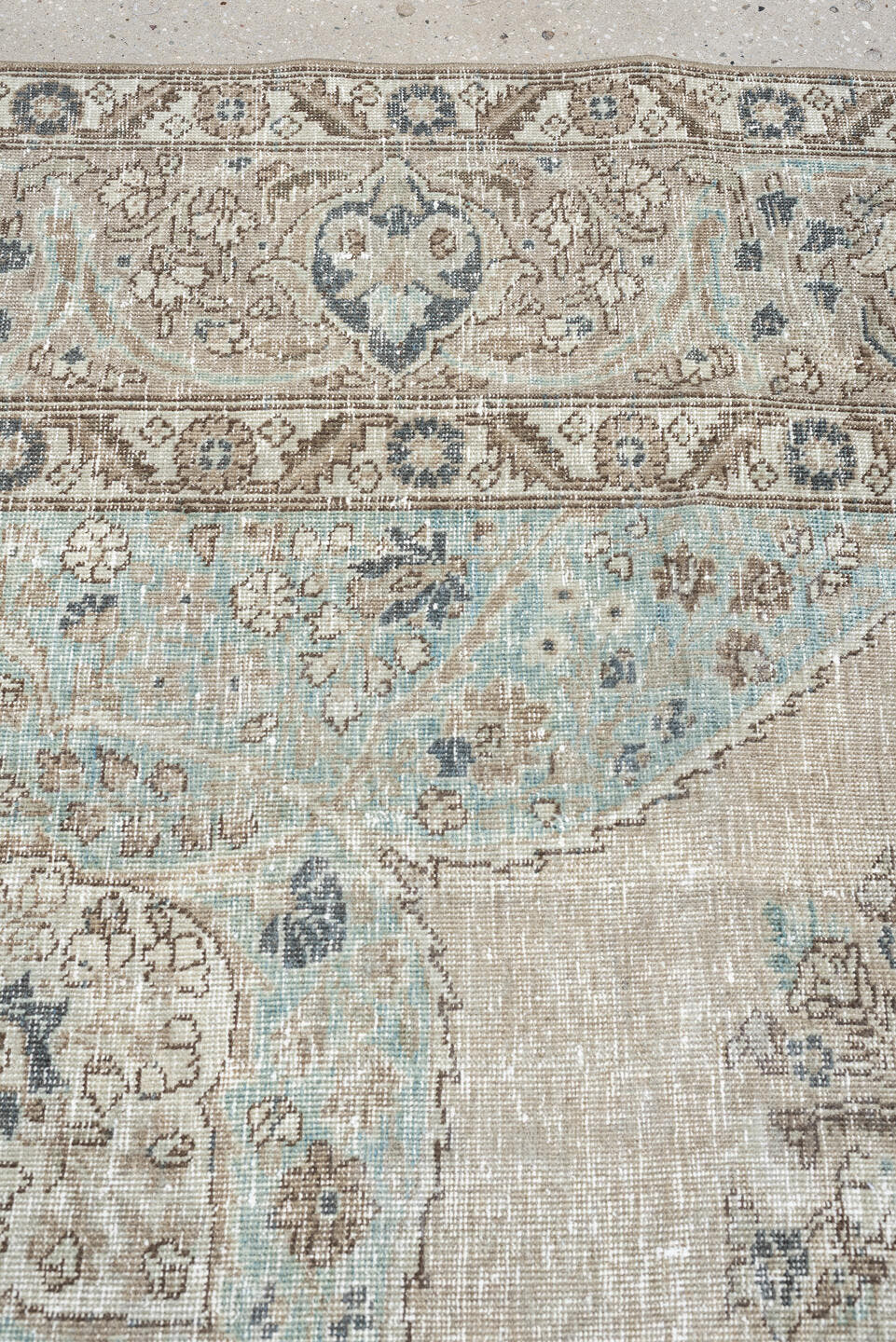 9' x 10' one-of-a-kind handmade antique Tabriz large size rug. Color palette: ivory, taupe, powder blue, slate, beige