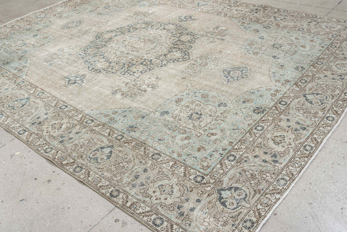 9' x 10' one-of-a-kind handmade antique Tabriz large size rug. Color palette: ivory, taupe, powder blue, slate, beige