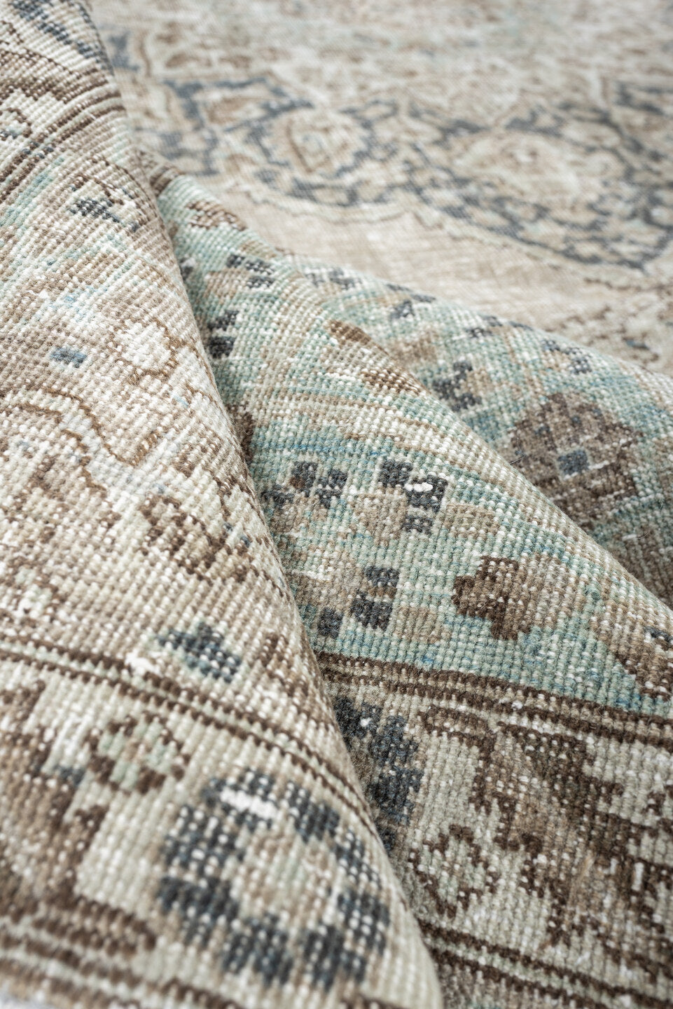 9' x 10' one-of-a-kind handmade antique Tabriz large size rug. Color palette: ivory, taupe, powder blue, slate, beige