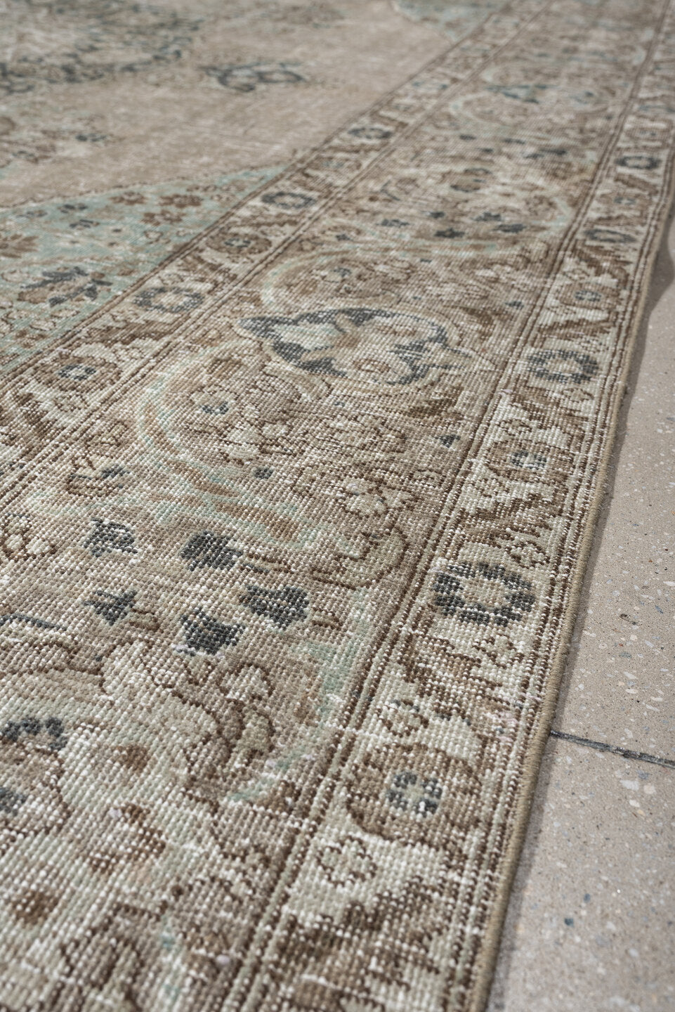9' x 10' one-of-a-kind handmade antique Tabriz large size rug. Color palette: ivory, taupe, powder blue, slate, beige