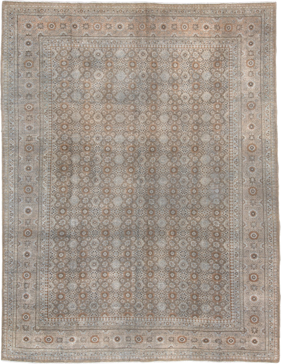 9' x 12' one-of-a-kind handmade antique Tabriz large size rug. Color palette: taupe, ivory, beige, muted rose, gray brown