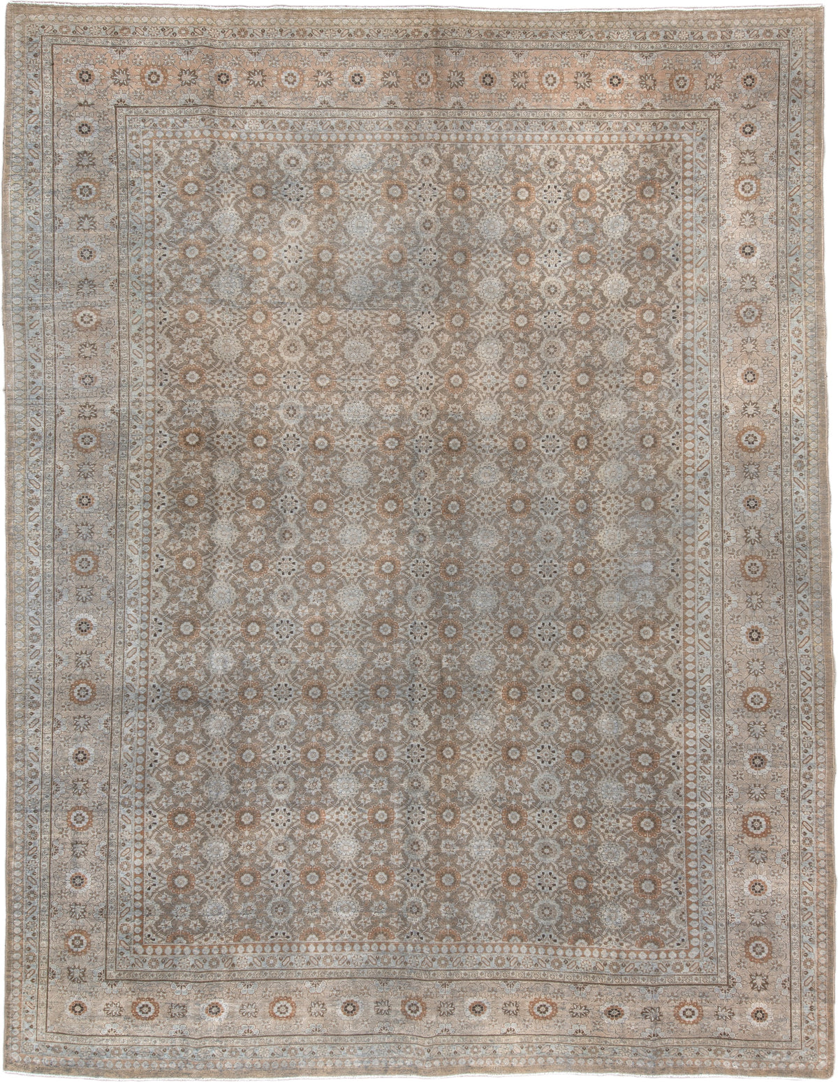 9' x 12' one-of-a-kind handmade antique Tabriz large size rug. Color palette: taupe, ivory, beige, muted rose, gray brown