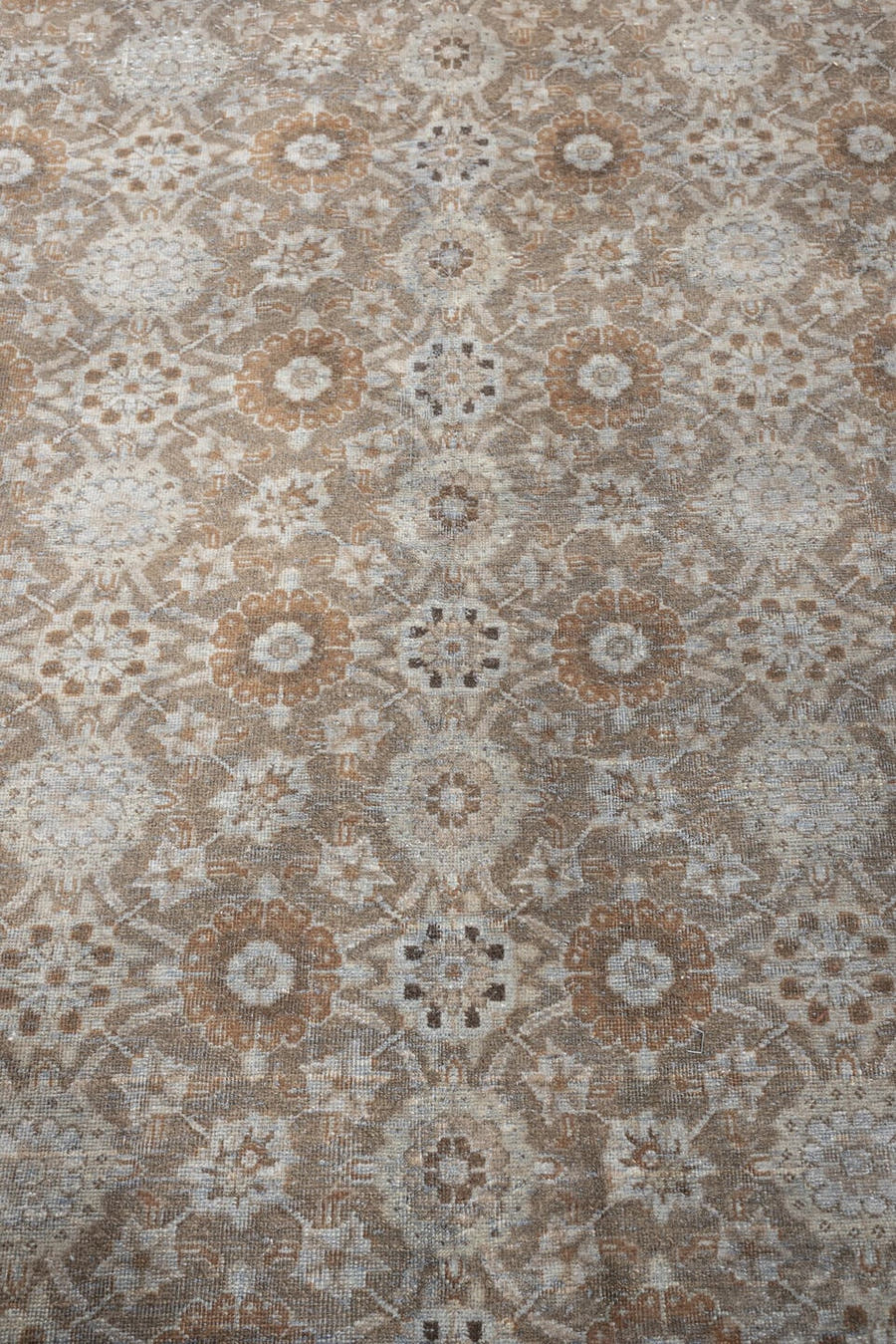 9' x 12' one-of-a-kind handmade antique Tabriz large size rug. Color palette: taupe, ivory, beige, muted rose, gray brown