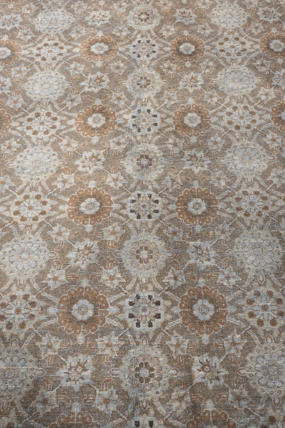 9' x 12' one-of-a-kind handmade antique Tabriz large size rug. Color palette: taupe, ivory, beige, muted rose, gray brown