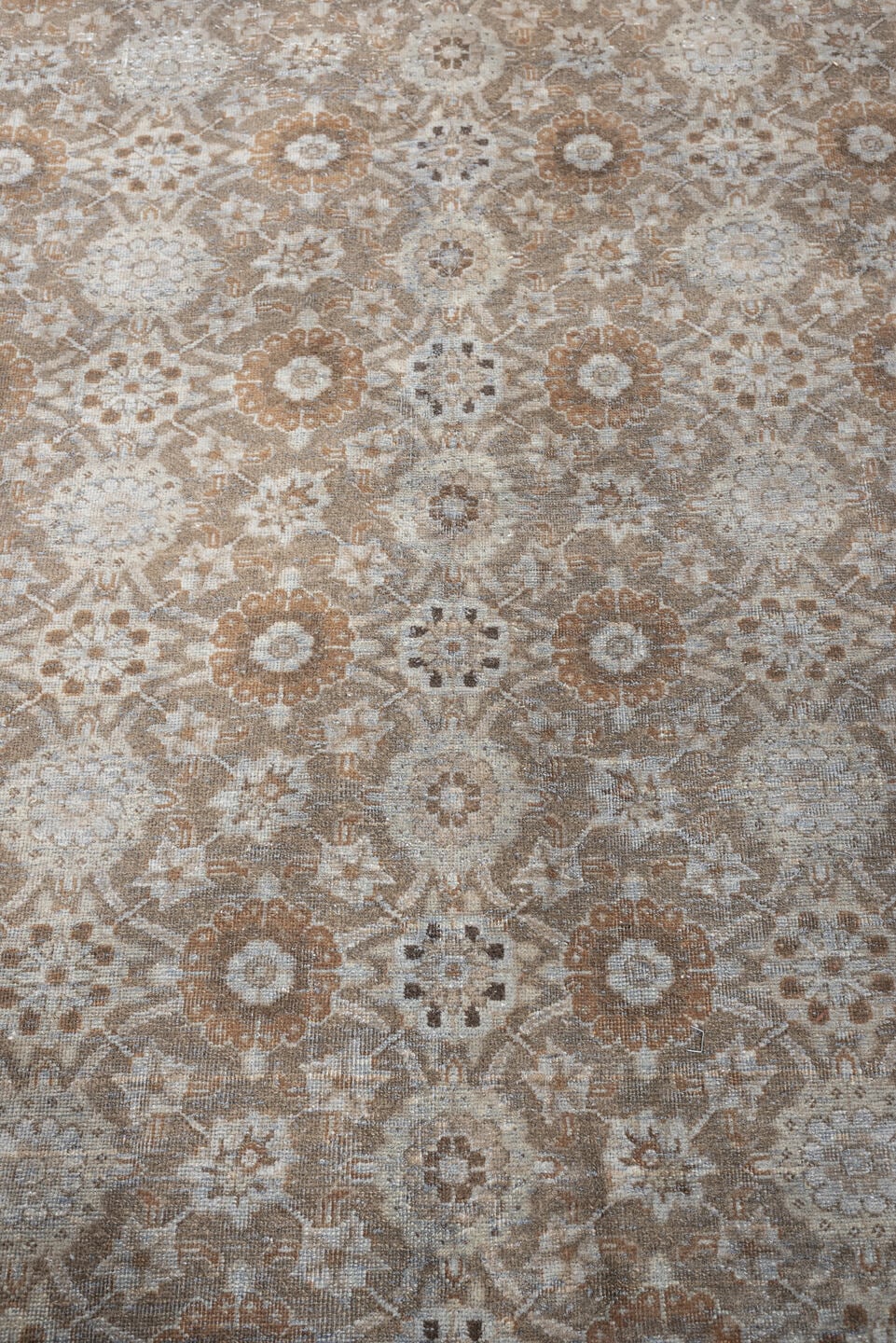 9' x 12' one-of-a-kind handmade antique Tabriz large size rug. Color palette: taupe, ivory, beige, muted rose, gray brown