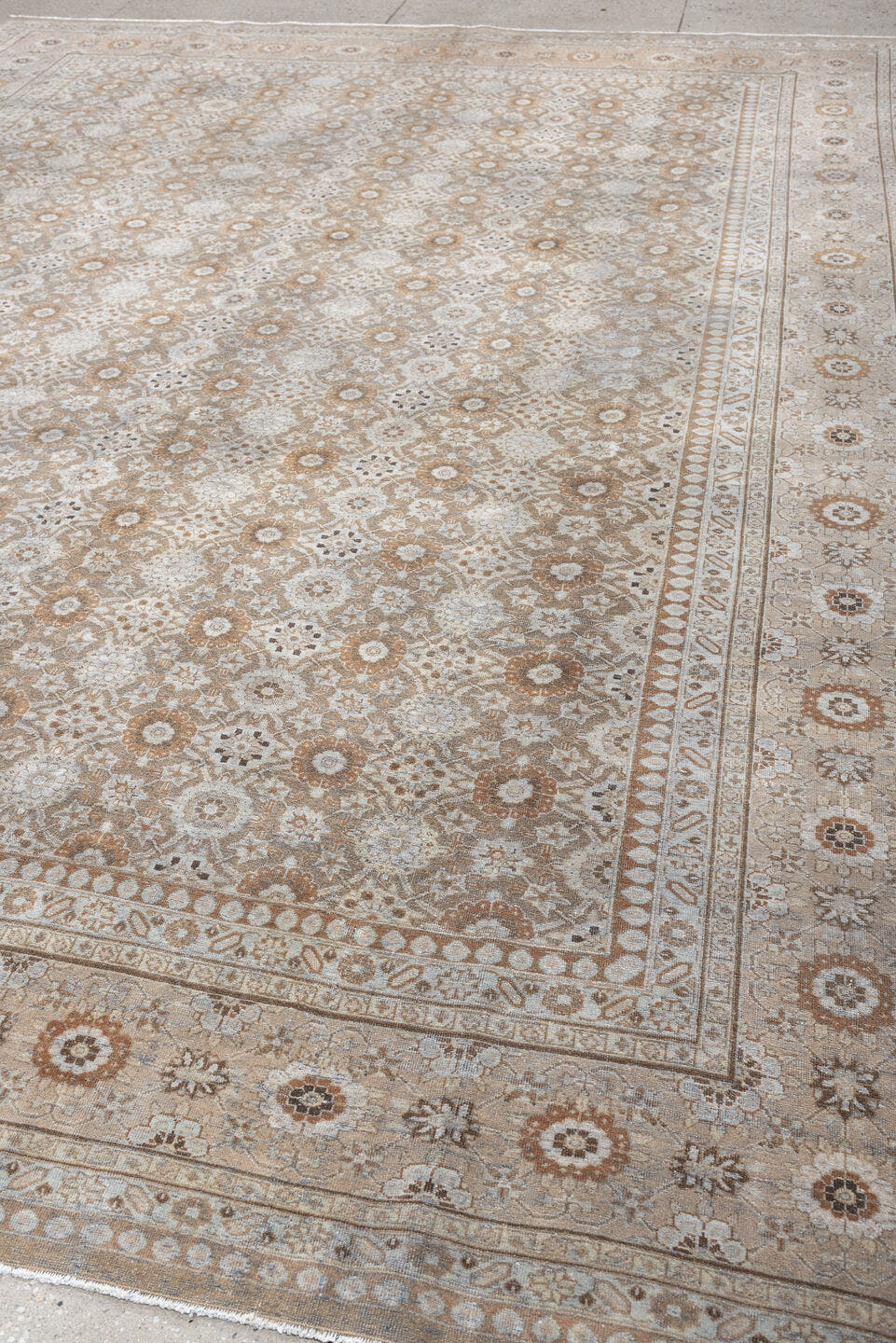 9' x 12' one-of-a-kind handmade antique Tabriz large size rug. Color palette: taupe, ivory, beige, muted rose, gray brown