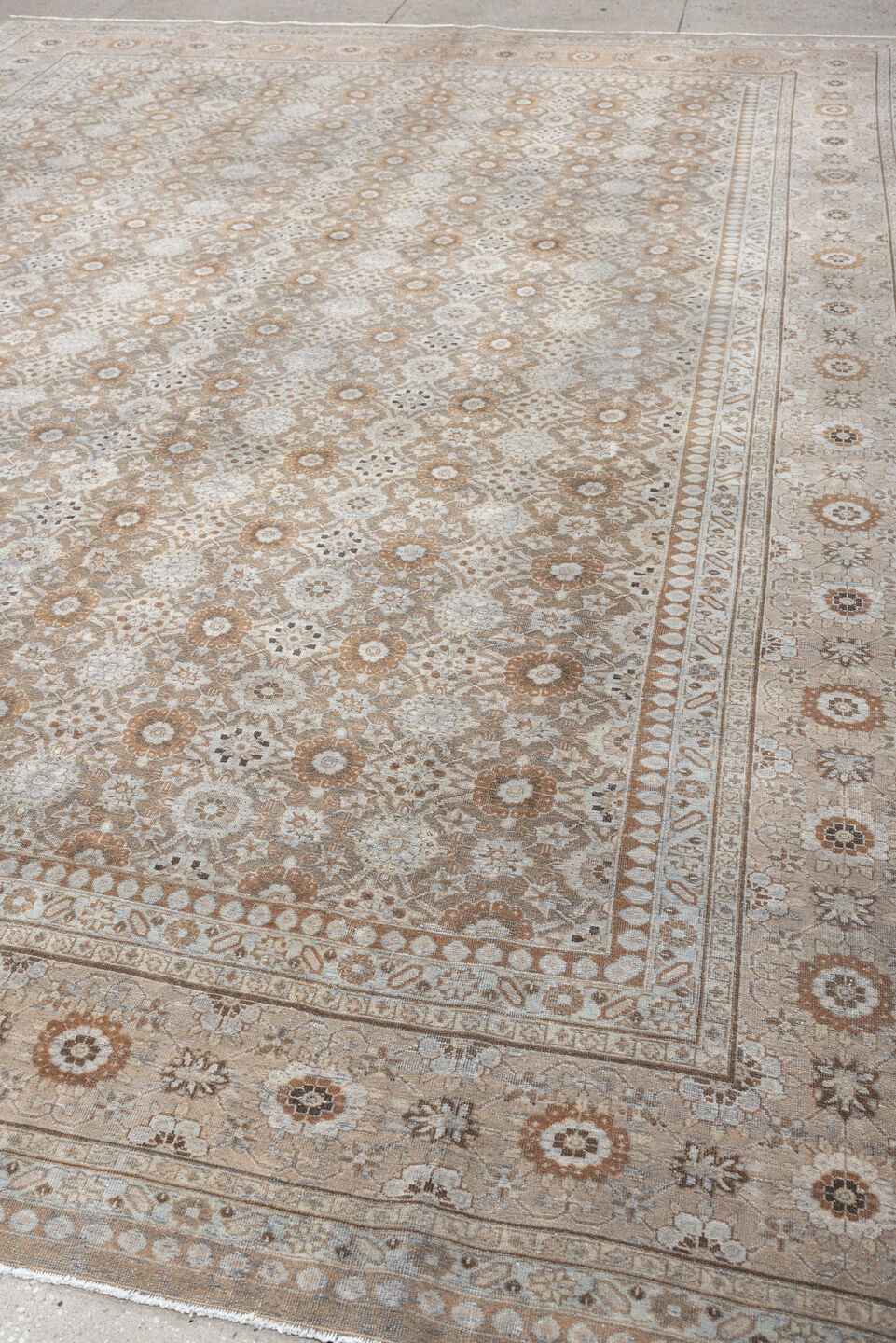 9' x 12' one-of-a-kind handmade antique Tabriz large size rug. Color palette: taupe, ivory, beige, muted rose, gray brown