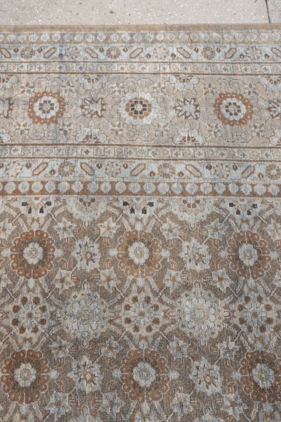 9' x 12' one-of-a-kind handmade antique Tabriz large size rug. Color palette: taupe, ivory, beige, muted rose, gray brown