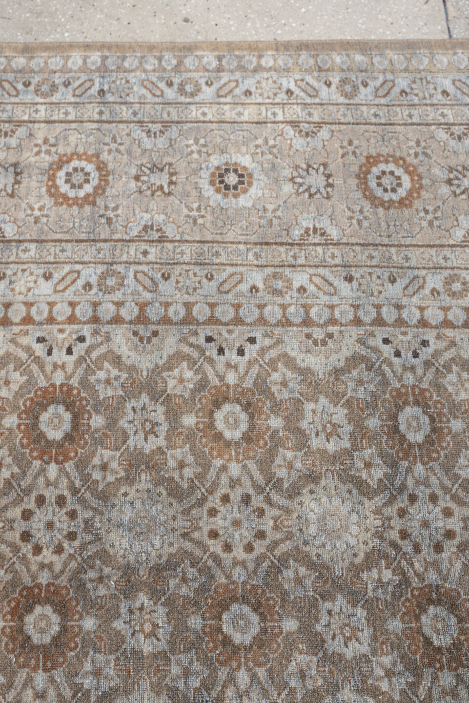 9' x 12' one-of-a-kind handmade antique Tabriz large size rug. Color palette: taupe, ivory, beige, muted rose, gray brown