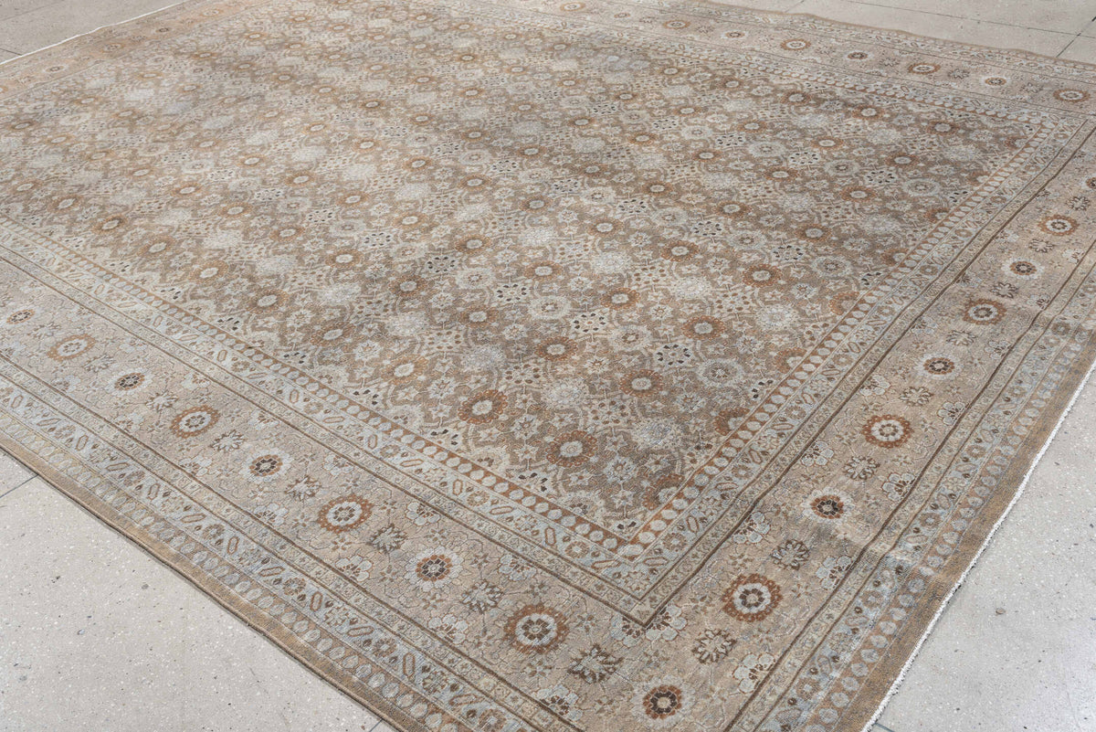 9' x 12' one-of-a-kind handmade antique Tabriz large size rug. Color palette: taupe, ivory, beige, muted rose, gray brown
