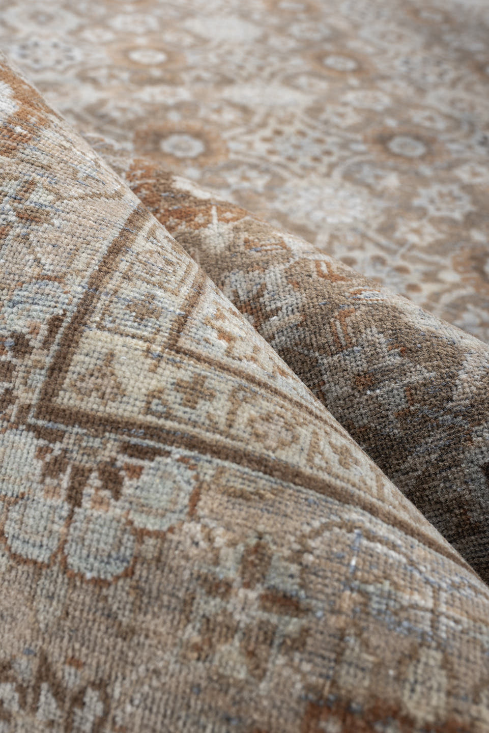 9' x 12' one-of-a-kind handmade antique Tabriz large size rug. Color palette: taupe, ivory, beige, muted rose, gray brown