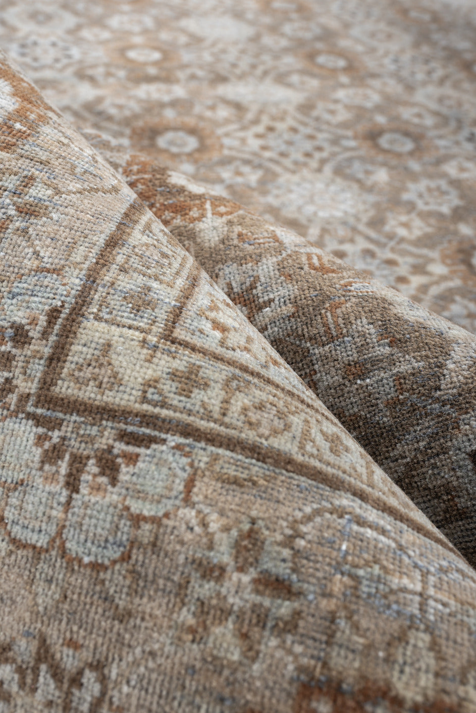 9' x 12' one-of-a-kind handmade antique Tabriz large size rug. Color palette: taupe, ivory, beige, muted rose, gray brown