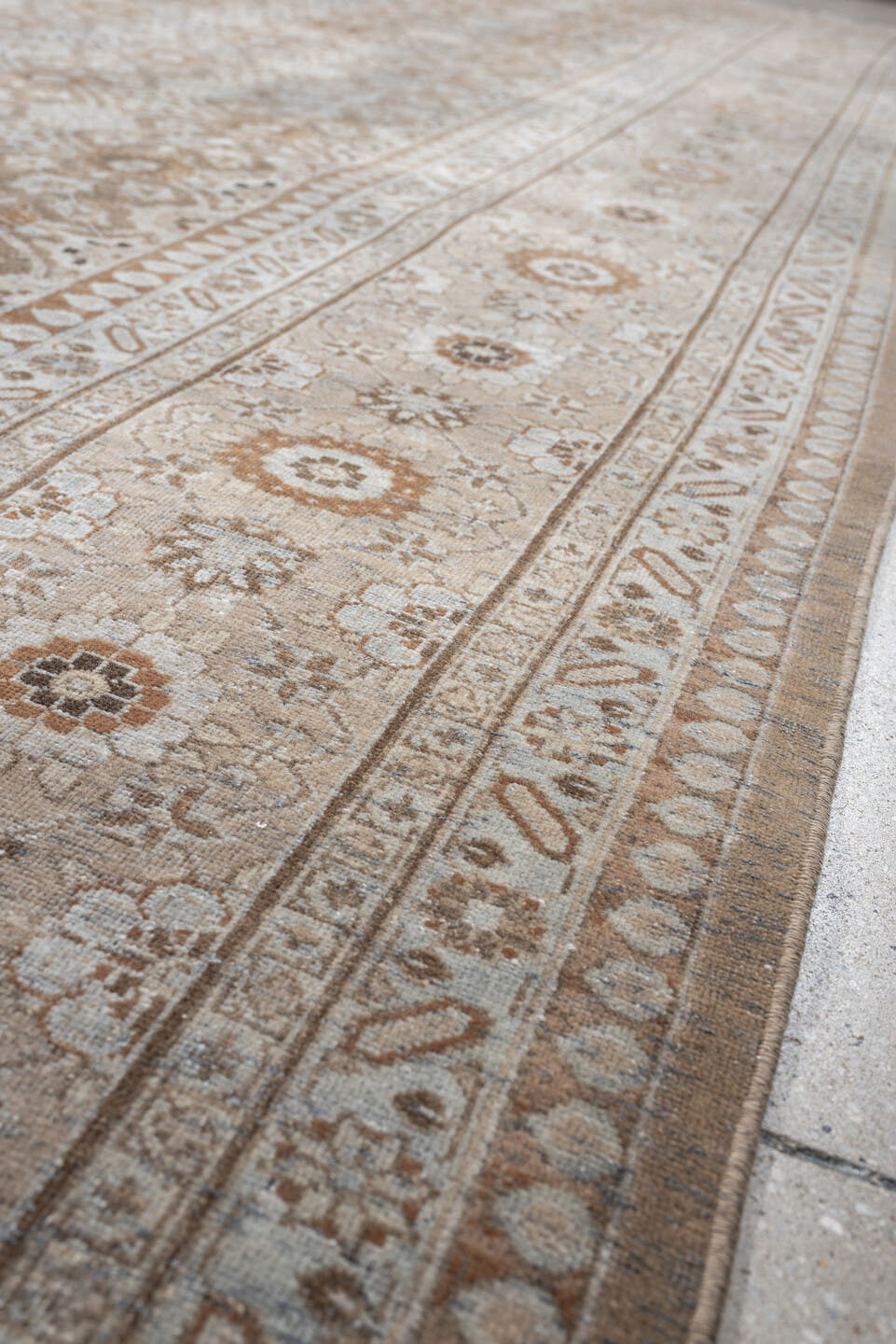 9' x 12' one-of-a-kind handmade antique Tabriz large size rug. Color palette: taupe, ivory, beige, muted rose, gray brown