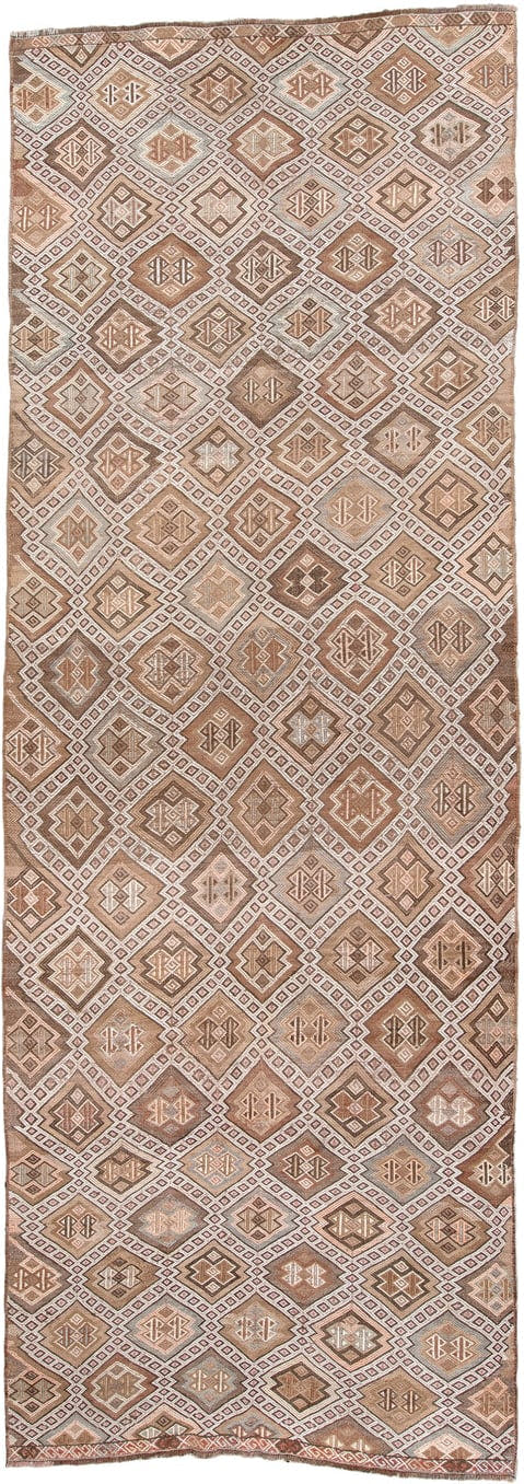 5' x 14' one-of-a-kind handmade antique Jijim rug. Color palette: taupe, ivory, camel, dusty rose, rust, brown, charcoal