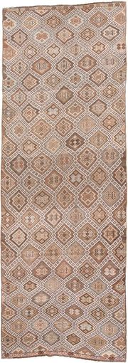 5' x 14' one-of-a-kind handmade antique Jijim rug. Color palette: taupe, ivory, camel, dusty rose, rust, brown, charcoal