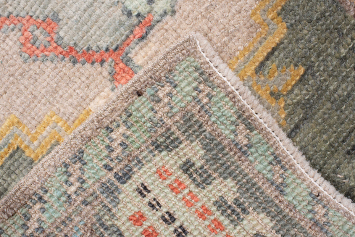 2' x 32' one-of-a-kind handmade vintage Oushak runner rug. Color palette: sage, aqua, ivory, terracotta, ochre, coral