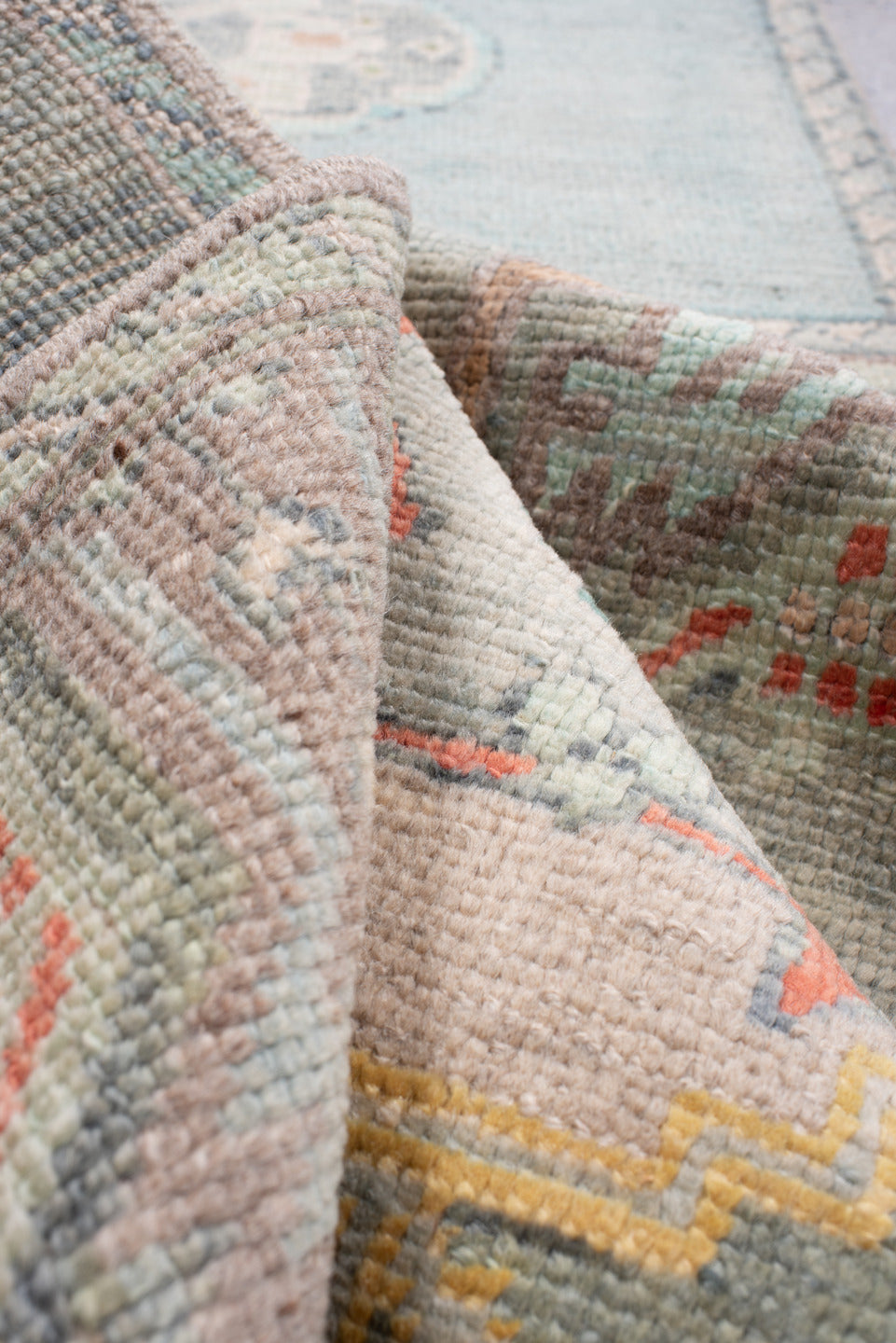 2' x 32' one-of-a-kind handmade vintage Oushak runner rug. Color palette: sage, aqua, ivory, terracotta, ochre, coral