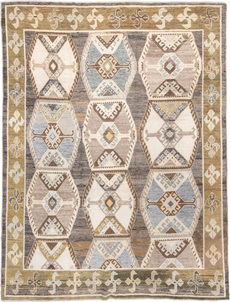 8' x 11' one-of-a-kind handmade vintage Oushak large size rug. Color palette: taupe, ivory, blue gray, olive, charcoal