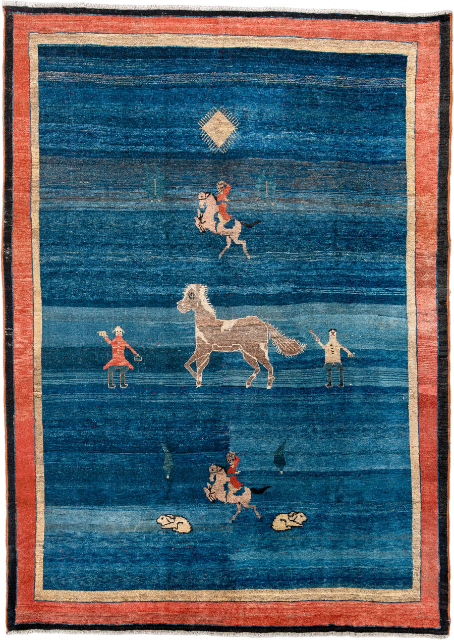 7' x 9' one-of-a-kind handmade vintage large size rug. Color palette: indigo, coral, ivory, charcoal, slate, camel, rust