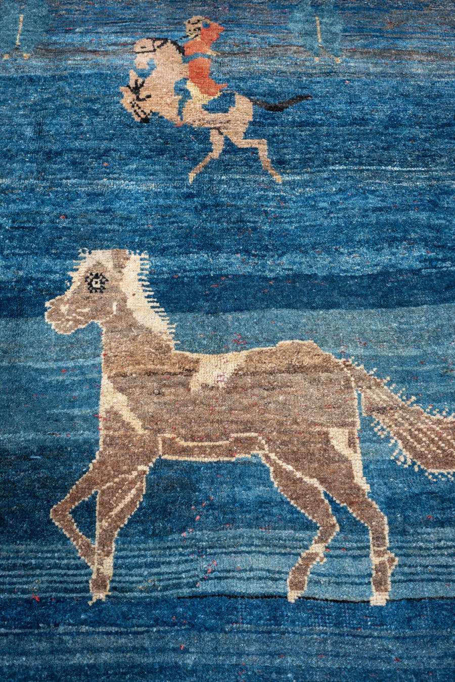 7' x 9' one-of-a-kind handmade vintage large size rug. Color palette: indigo, coral, ivory, charcoal, slate, camel, rust