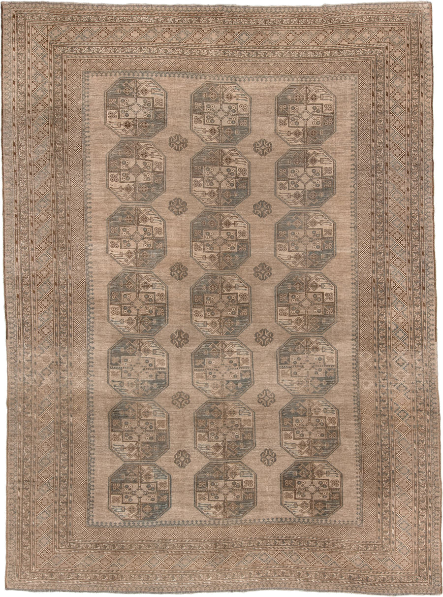 9' x 12' one-of-a-kind handmade antique Afghan large size rug. Color palette: camel, taupe, slate, ivory, brown, charcoal