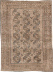 9' x 12' one-of-a-kind handmade antique Afghan large size rug. Color palette: camel, taupe, slate, ivory, brown, charcoal